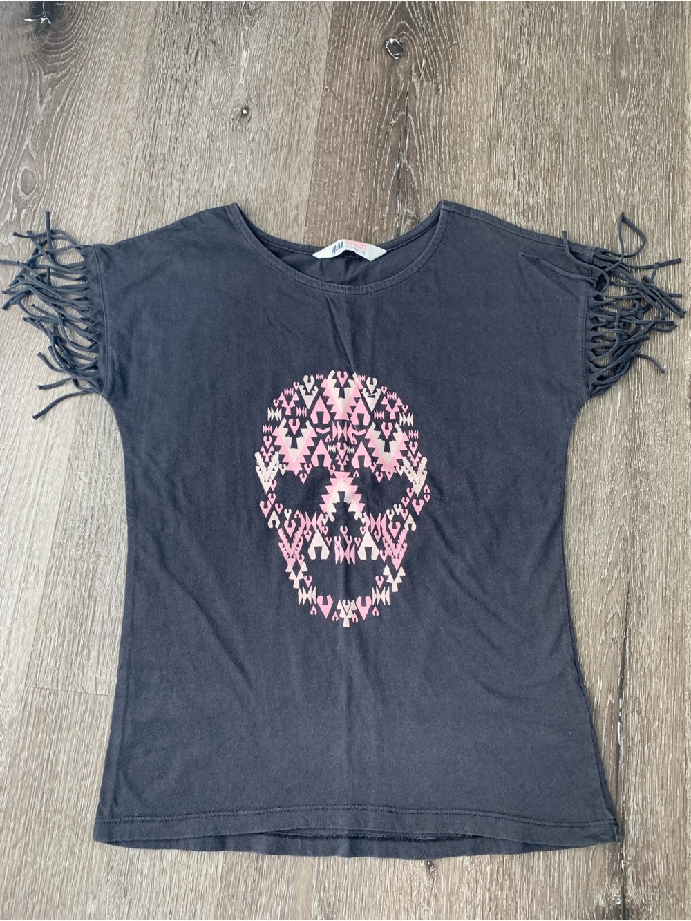 H&M Black Tee with Pink Aztec Skull and Fringe Sleeves Girls 10-12 years